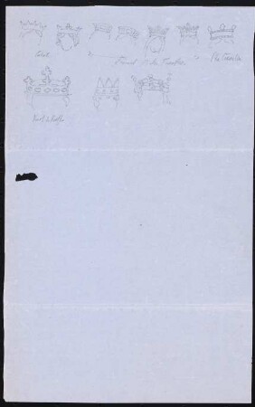 Königskronen: Zehn Skizzen von Kronen unterschiedlicher Form u.a.der heiligen Caecilia, Karl des Kahlen, Catarina