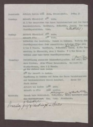 Zeitliche Planung der Rheinreise von dem Reichskanzler Constantin Fehrenbach, Durchschlag