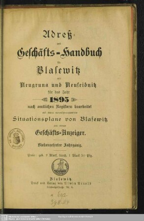 17.1895: Adreß- und Geschäfts-Handbuch für Blasewitz mit Neugruna und Neuseidnitz
