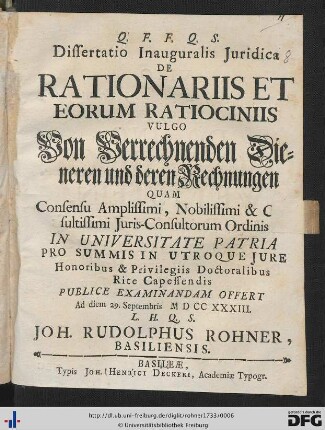 Dissertatio Inauguralis Juridica De Rationariis Et Eorum Ratiociniis Vulgo Von Verrechnenden Dieneren und deren Rechnungen