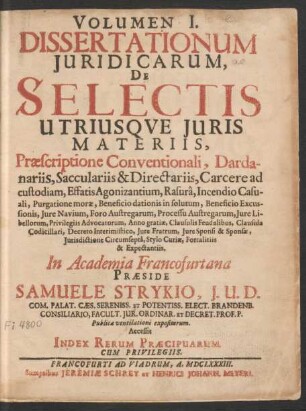 1: Volumen I. Dissertationum Iuridicarum, De Selectis Utriusque Iuris Materiis
