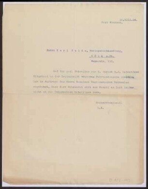 Schreiben an Karl Fulde, Verlagsbuchhandlung (Brief)