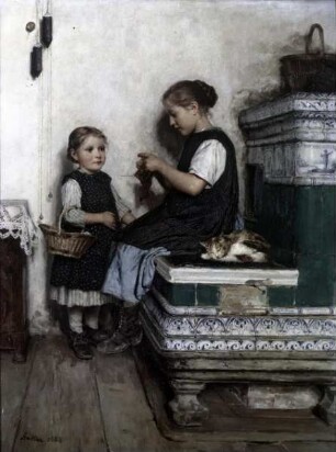 Strickendes Mädchen auf Ofenbank mit kleiner Schwester