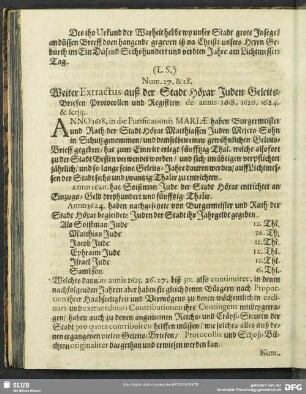 Num. 17 & 18. Weiter Extractus auß der Stadt Höxar Juden Geleits-Briefen Protocollen und Registern de annis 1618, 1620, 1624 & seqq.