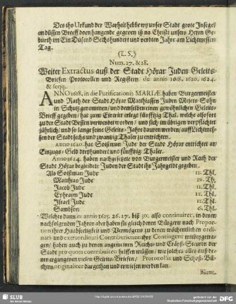 Num. 17 & 18. Weiter Extractus auß der Stadt Höxar Juden Geleits-Briefen Protocollen und Registern de annis 1618, 1620, 1624 & seqq.