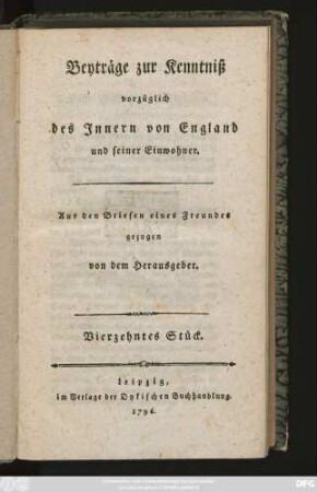 Stück 14: Beyträge zur Kenntniß vorzüglich des Innern von England und seiner Einwohner