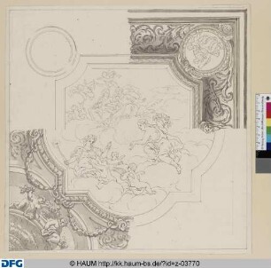 Teilentwurf mit zwei Varianten für das Rahmenwerk einer quadratischen Decke mit der Göttlichen Vorsehung und der Mildtätigkeit im Deckenspiegel
