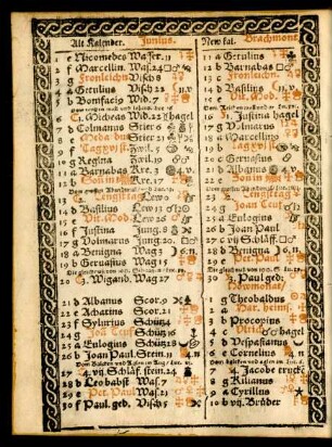 Alt Kalender. Junius. New kal. Brachmont