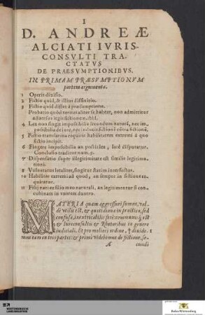 D. Andreae Alciati Ivrisconsvlti Tractatvs De Praesvmptionibvs. In Primam Praesvmptionvm partem argumenta