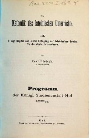 Zur Methodik des lateinischen Unterrichts, 3. Einige Kapitel aus einem Lehrgang der lateinischen Syntax für die vierte Lateinklasse