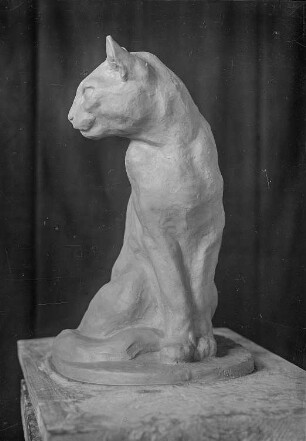 Sitzende Katze. Gips; H. 35 cm (vor 1945; E. Richter). Dresden-Südvorstadt, Eisenstuckstraße, Atelier der Künstlerin