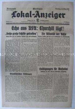 Tageszeitung "Berliner Lokal-Anzeiger" u.a. über die weltweiten Reaktionen auf das Treffen zwischen Hitler und Mussolini