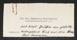 Brief von Hermann Haussmann an Margarete Hauptmann
