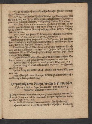 Verzeichnüß derer Bücher/ welche in Leipzigischer Ostermeß dieses 1649. ausgangen/ und nicht nach Franckfurt am Mayn kommen seind.