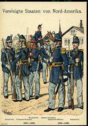 Uniformdarstellung, Gemeine, Tambour und Offizier der Infanterie, Voltigeur-Sergeant und Kavallerist, USA, 1851/1858.