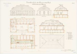 Irrenklinik der Christian-Albrechts-Universität Kiel Isolierhaus für Männer: Grundriss KG, EG, Sparrenlage, Querschnitt, Längsschnitt, Vorderansicht und Seitenansicht 1:100
