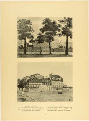 Das Buzzi`sche Haus an der Ostraallee und die Rennersche Wirtschaft im Italienischen Dörfchen (heute auf dem Theaterplatz, neben Hauptwache) in Dresden, aus der Mappe: Erinnerungen aus dem alten Dresden