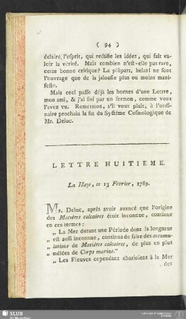 Lettre Huitieme. La Haye, ce 13 Fevrier, 1789