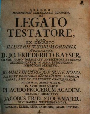 Dissertatio Inauguralis Juridica, De Legato Testatore