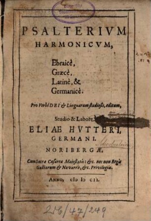 Psalterium Harmonicum, Ebraice, Graece, Latine & Germanice