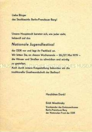 Flugblatt der Nationalen Front an die Bürger des Stadtbezirks Berlin-Prenzlauer Berg
