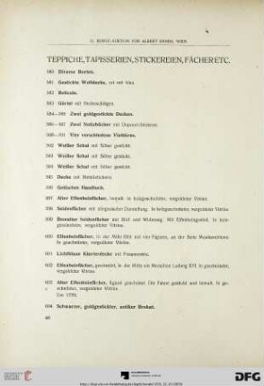 Teppiche, Tapisserien, Stickereien, Fächer, etc. (Nr. 576-632a)