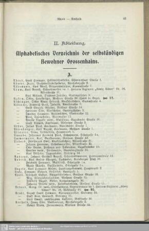 II. Einwohnerverzeichnis : II. Abtheilung. Alphabetisches Verzeichnis der selbständigen Bewohner Grossenhains