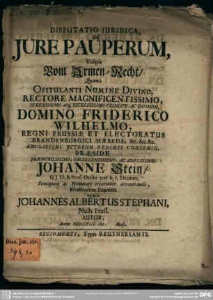 Disputatio Iuridica De Iure Pauperum, Vulgo Vom Armen-Recht