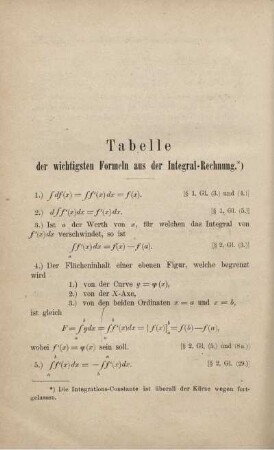 Tabelle der wichtigsten Formeln aus der Integral-Rechnung.)