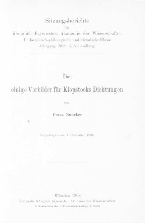 Über einige Vorbilder für Klopstocks Dichtungen