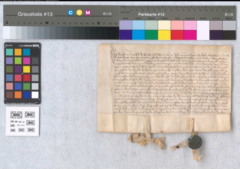 Dietrich von Wickede macht bekannt, daß ihm Abt Anton erlaubt hat, das Manngut Vridagsgut, gelegen zu Aplerbeck, zu verkaufen. Dietrich hat dem Abt dafür das Gut Barenbroick zu Sölde im Kirchspiel Aplerbeck (Appeldornbecke) angewiesen, daß er nun wieder als Mannlehen empfangen hat und weswegen er gehuldigt hat. - Es siegeln der Aussteller und der Drost zu Werden Jorien Asschebroick (Asschen-). - Gegeven ... des dinxdages na dem Sonnentage Letare.