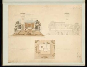 Pavillon über einem Eiskeller Monatskonkurrenz Dezember 1863: Grundriss, Aufriss Vorderansicht, Rückansicht; 2 Maßstabsleisten