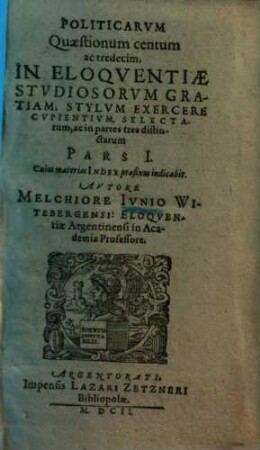 Politicarum quaestionum ... pars ..., 1