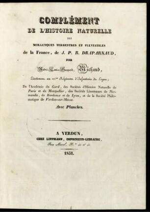 [Bd. 2]: Complément de l'histoire naturelle des Mollusques terrestres et fluviatiles de la France, de J. P. R. Draparnaud : Avec planches