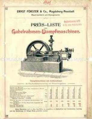 Preis-Liste über Gabelrahmen-Dampfmaschinen.