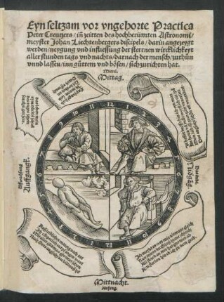 Eyn seltzam vor vngehorte Practica || Peter Creutzers/ iñ zeitten des hochberümten Astronomi/|| meyster Johan Liechtenbergers discipels/ darin angezeygt || werden/ neygung vnd infliessung der sterrnen wircklichkeyt || aller stunden tags vnd nachts/ darnach der mensch/ zuthůn || vnnd lassen/ inn gůttem vnd bösen/ sich zurichten hat.||
