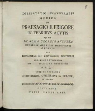 Dissertatio Inauguralis Medica De Praesagio E Frigore In Febribus Acutis