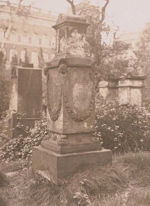 Dresden, Eliasfriedhof. Grabmal einer/s Unbekannten. Block mit Engelsflüchten und Efeuranken