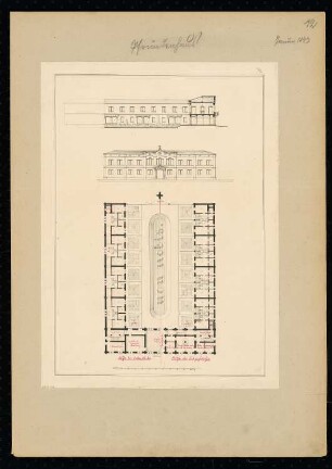 Pfründenhaus Monatskonkurrenz Januar 1843: Grundriss Erdgeschoss, Aufriss Straßenansicht, Hofansicht des rechten Seitenflügels mit Schnitt durch den Hauptflügel; Maßstabsleiste