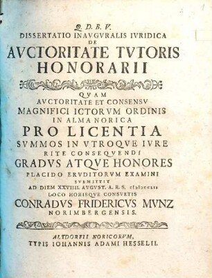 Dissertatio Inavgvralis Ivridica De Avctoritate Tvtoris Honorarii