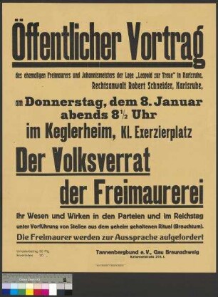 Plakat zu einer Vortragsveranstaltung des Tannenbergbundes Braunschweig am 8. Januar 1931 in Braunschweig
