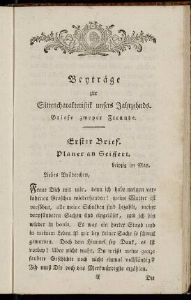 Beyträge zur Sittencharakteristik unsers Jahrzehnds. Briefe zweyer Freunde.