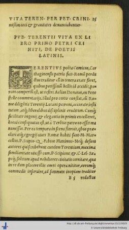 Pvb. Terentii Vita Ex Libro Primo Petri Criniti, De Poetis Latinis.