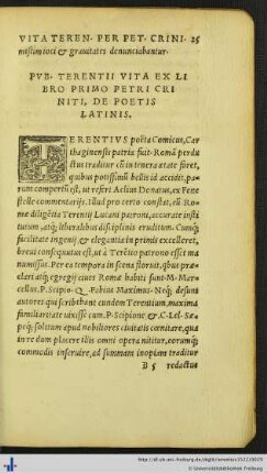 Pvb. Terentii Vita Ex Libro Primo Petri Criniti, De Poetis Latinis.