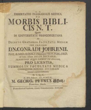 Dissertatio Inauguralis Medica De Morbis Biblicis N.T.