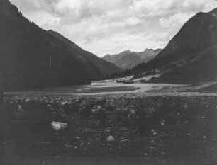Talblick : Blick über eine Gesteinlawine in ein Tal mit aufgestautem See.