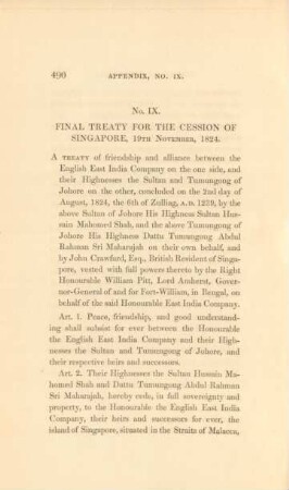 No. IX. Final treaty for the cession of Singapore, 19th November, 1824