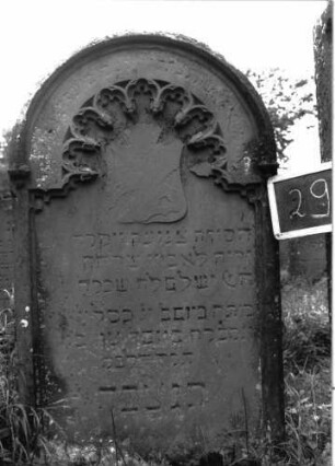 Grabstein 29 (Index: 100103669) Material: Sandstein Zustand: stark verwittert, teilweiser Textverlust Maße HxBxT: 42x74x18 cm Beschreibung: Stele, Rundbogenabschluss mit Verdachung, Schriftfeld eingetieft mit eingezogenem Rundbogenabschluss, im Bogen Maßwerk (Rundbogenfries), darunter Reste des Wappens (der Hirsch-Familie) Symbolik: Wappen (vgl. z. B. Nr. 27: Hirsch, Krone, drei Bäume), Rundbogenfries: Grabstein 29