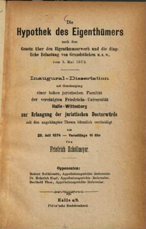 Die Hypothek des Eigenthümers : nach d. Gesetz über d. Eigenthumserwerb u. d. dingl. Belastung von Grundstücken u. s. w. vom 5. Mai 1872