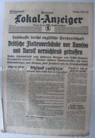Tageszeitung "Berliner Lokal-Anzeiger" u.a. über die Entsendung von englische-französischen Seestreitkräften in den Mittelmeerraum